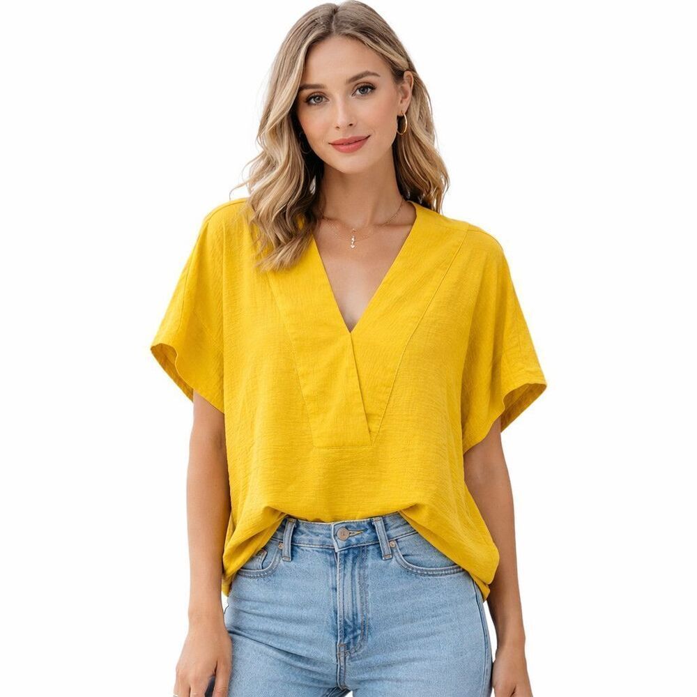 Ivy Jane Tunic Blouse Womens S/M Yellow V Neck Short Sleeve Dolman Textured Top